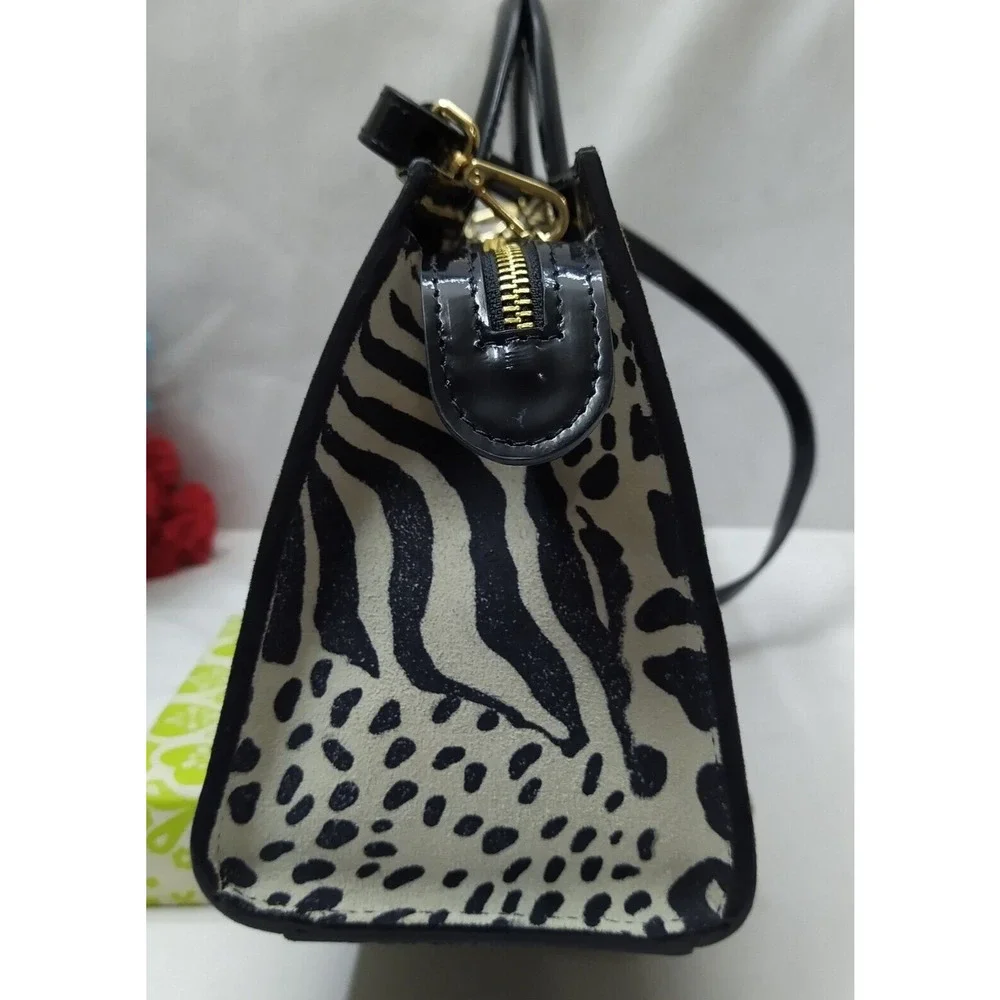 House of Harlow Black White Zebra Printed Leather Top Handle Zipper Satchel Bag